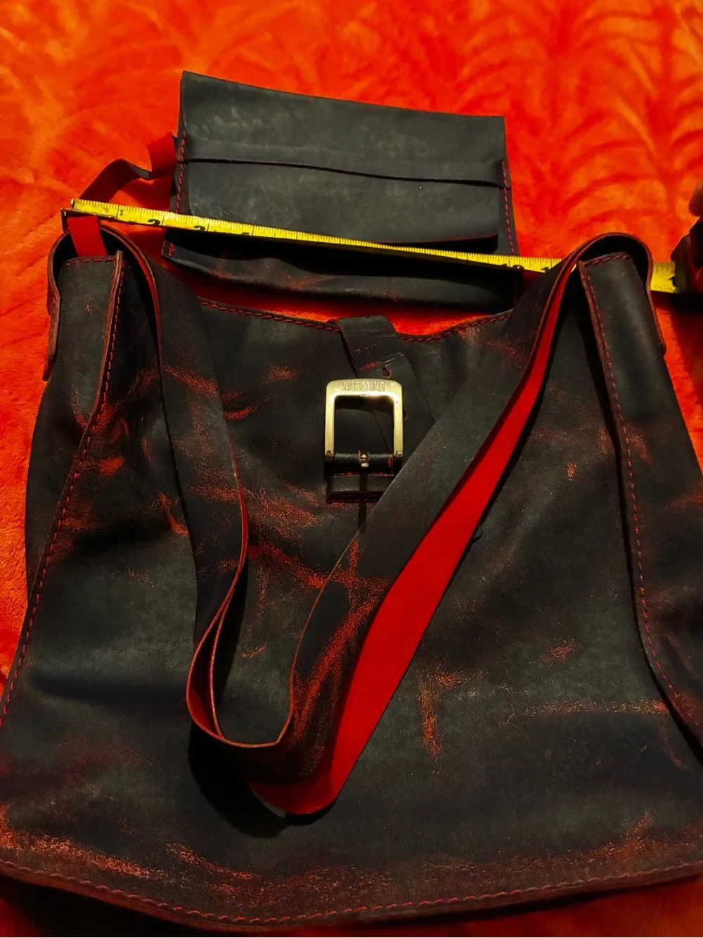 Moschino Black, blue red Leather Messenger Bag with Red Accents
